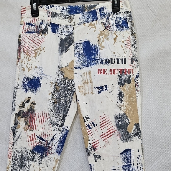 Simon Chang Graffiti Jeans Multicolored 97% Cotton 3% Spandex Sz 6 - Picture 2 of 8